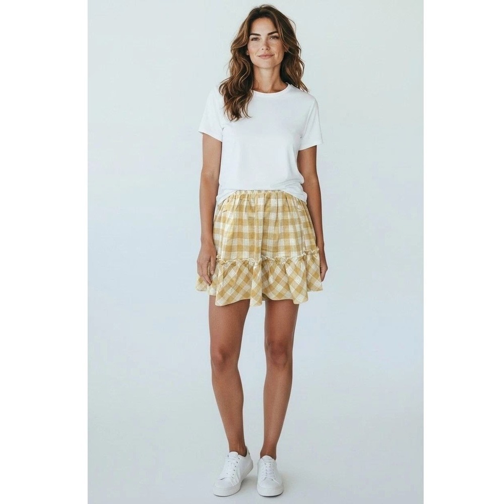 Promesa Brown Gingham Plaid Smocked Tiered Ruffle Mini Skirt Women's Medium